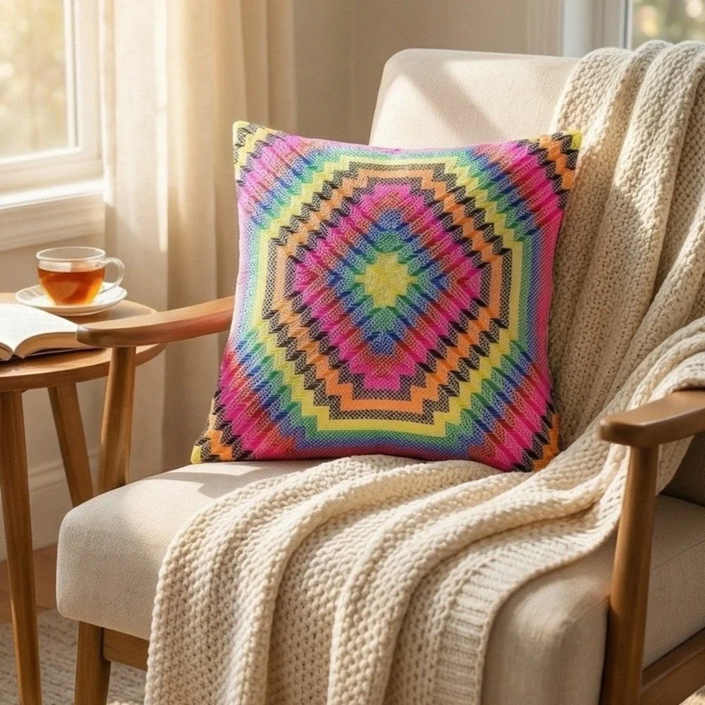 Ignite Rainbow Aztec Pillow Cover Zipper Colorful Black Trim 20‎ x 20 Decor NEW